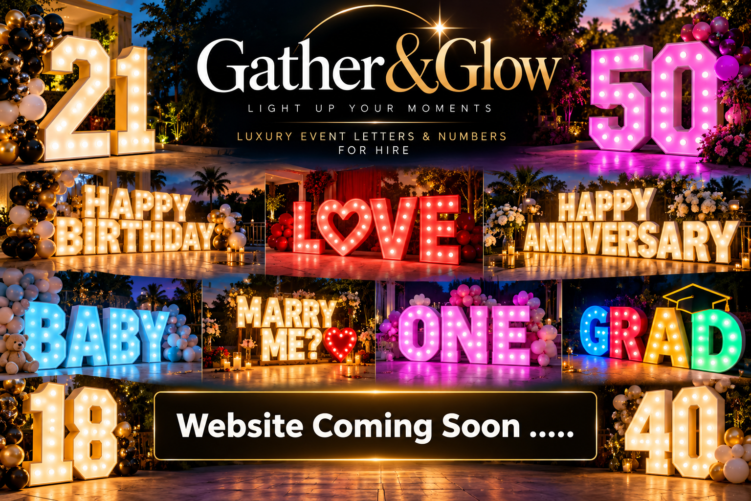 Gather & Glow — illuminated celebration letters and numbers for hire. Website Coming Soon.